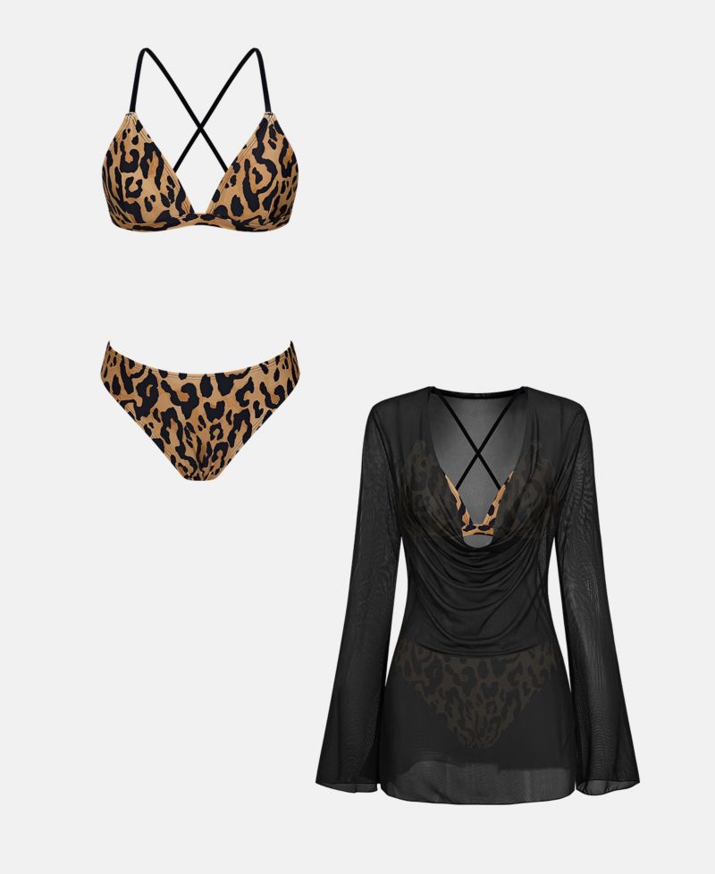 Women's Serene Breeze V-Neck Long-Sleeve Sheer Cover-Up and Bikini Set