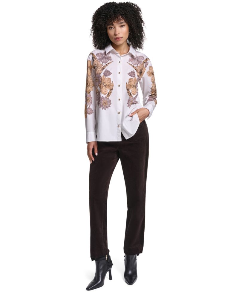 Women's Floral-Print Long-Sleeve Hotfix Rhinestone Blouse