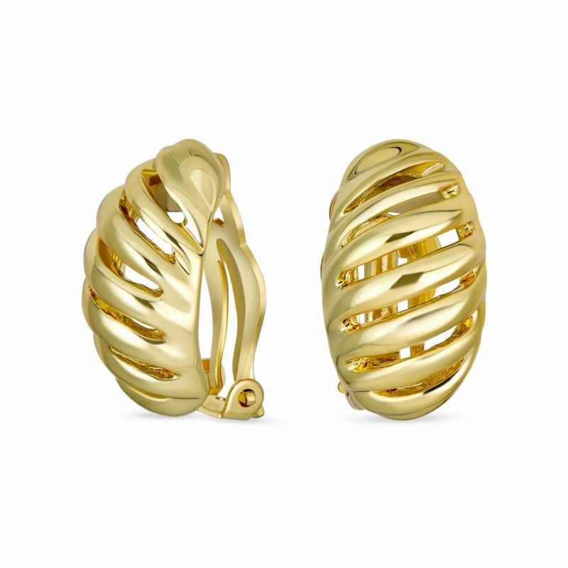 Shrimp Style Stripe Twist 2 Tone Dome Clip On Earrings Gold Plated Rhodium