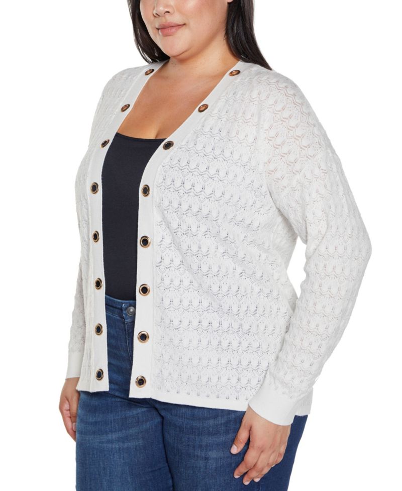 Plus Size Black Label Pointelle and Grommet Open Cardigan Sweater