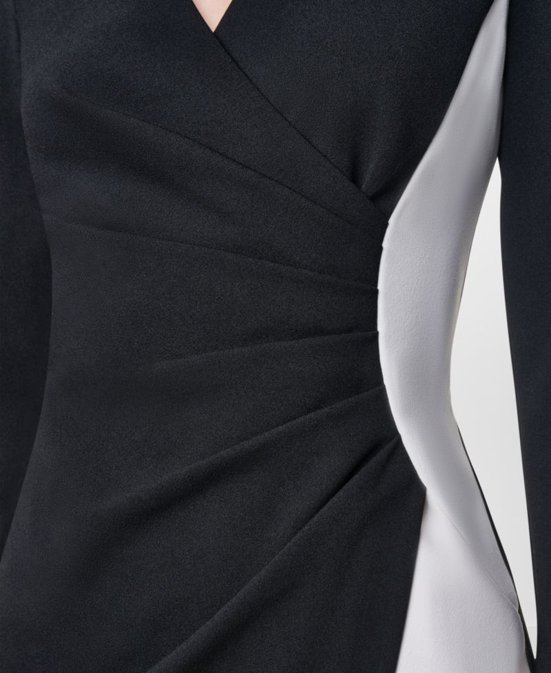 Women's Long Sleeve V-Neck Side Ruched Colorblock Dress
