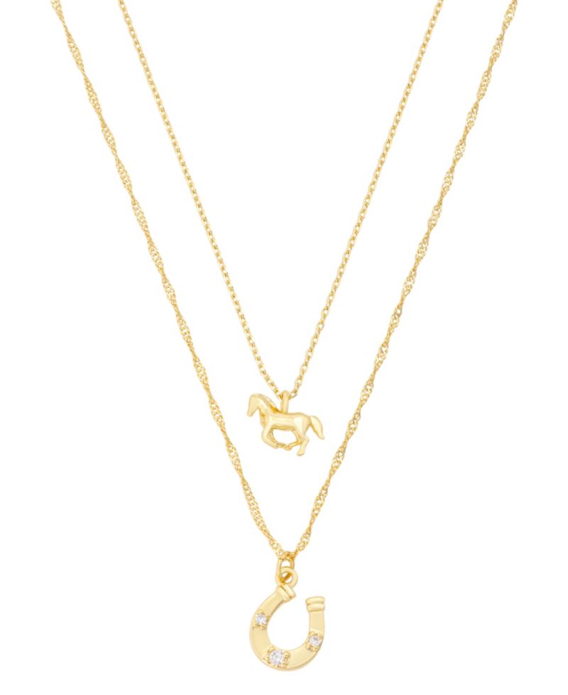 Cubic Zirconia Gold-Tone Plated Western Horse & Horseshoe Pendant Duo Necklace Set