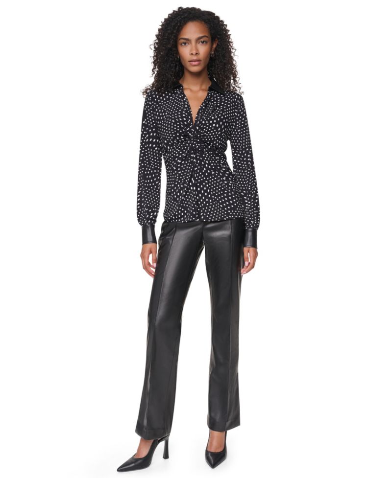 Women's Long-Sleeve Twist-Front Polka-Dots Blouse