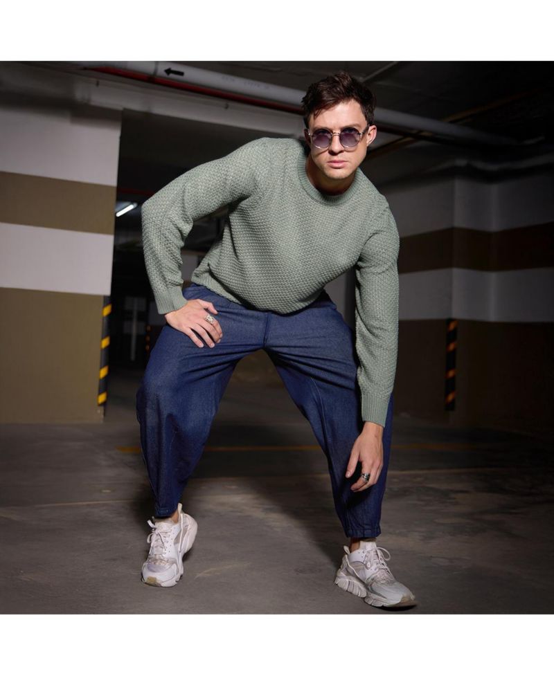Men's Sage Green Textured Knit Pullover Sweater