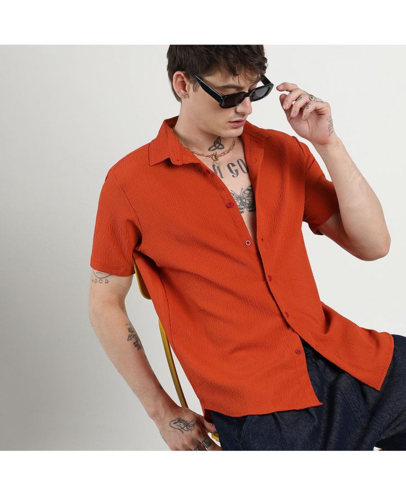 Men's Red Ruched Regular Fit Casual Shirt