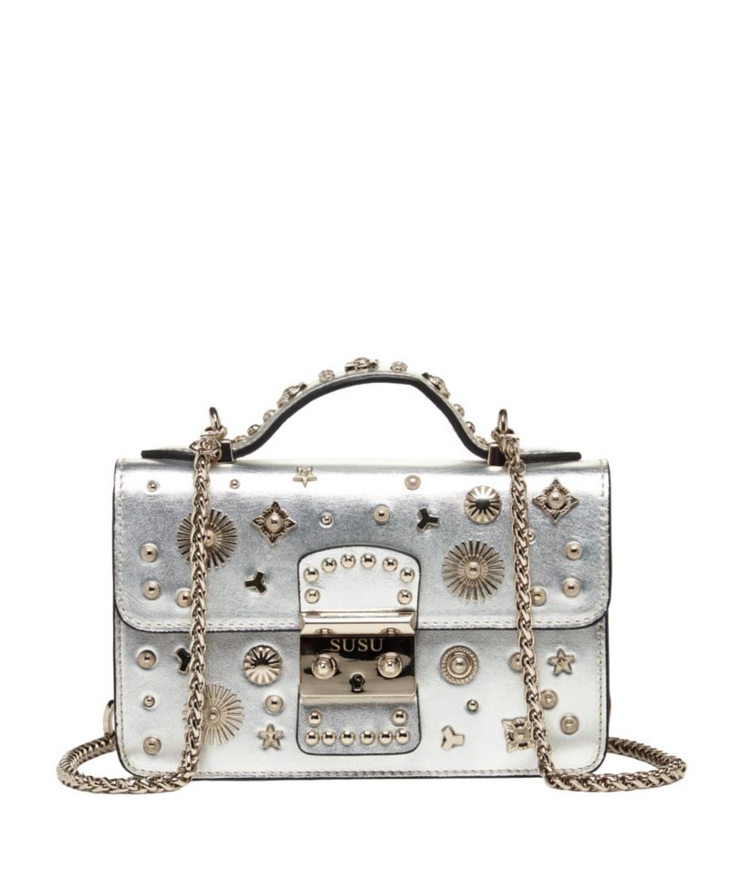 Small Leather Crossbody Bag Studded Purse Top Handle Structured Handbag
