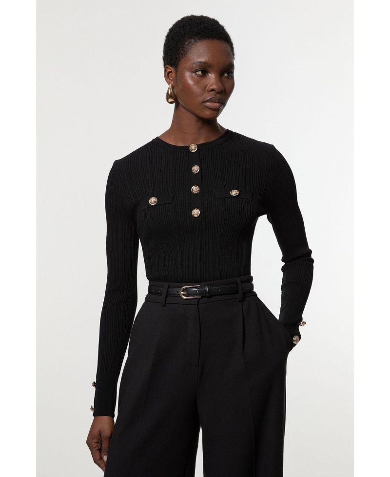 Women's Military Trim Rib Long Sleeve Knit Top