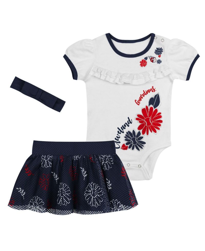 Newborn 3-Piece White/Navy Cleveland Guardians Sweet Catcher Bodysuit, Headband and Skirt Set