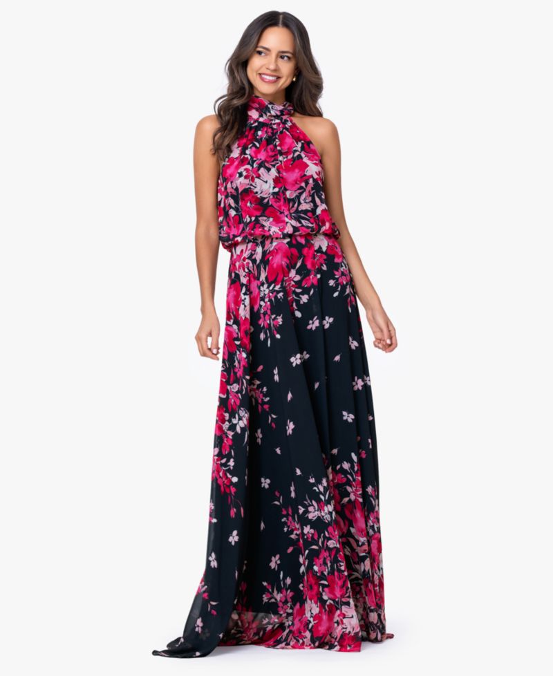 Women's Halter Neck Long Souffle Chiffon Floral Print Dress