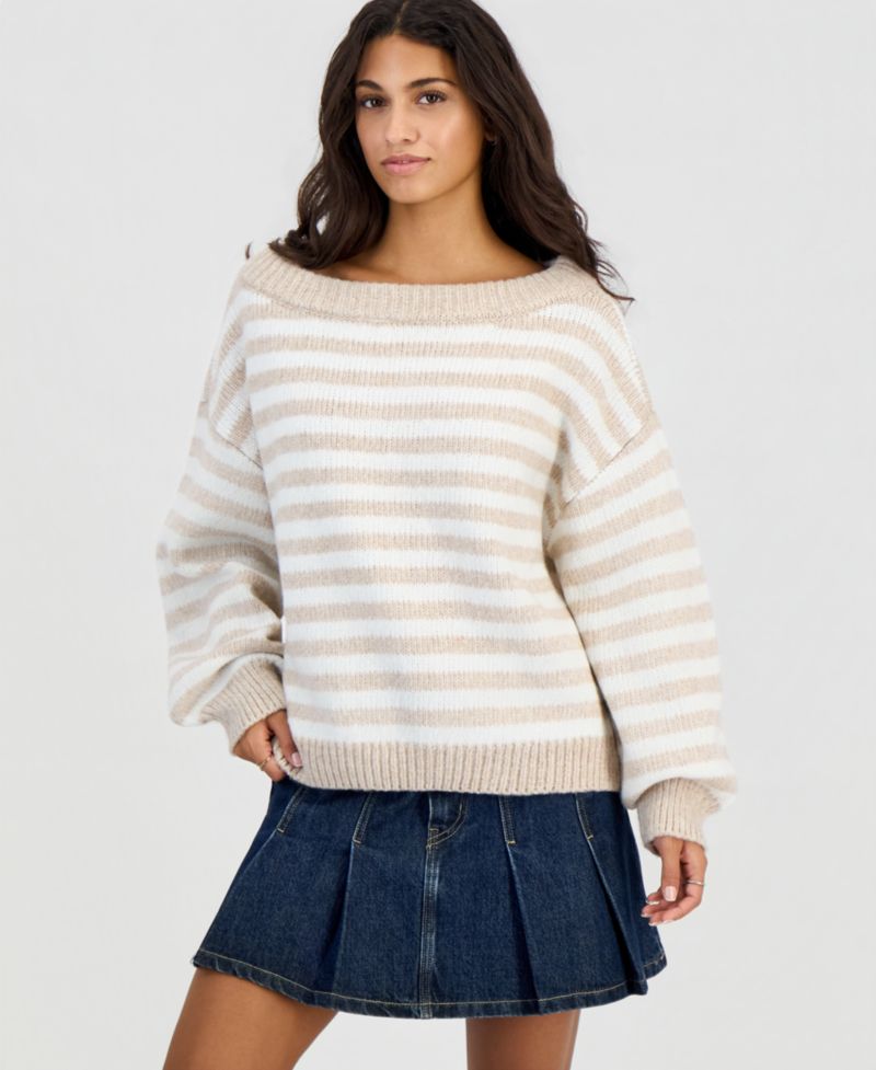 Juniors' Slouchy Striped Balloon-Sleeve Sweater