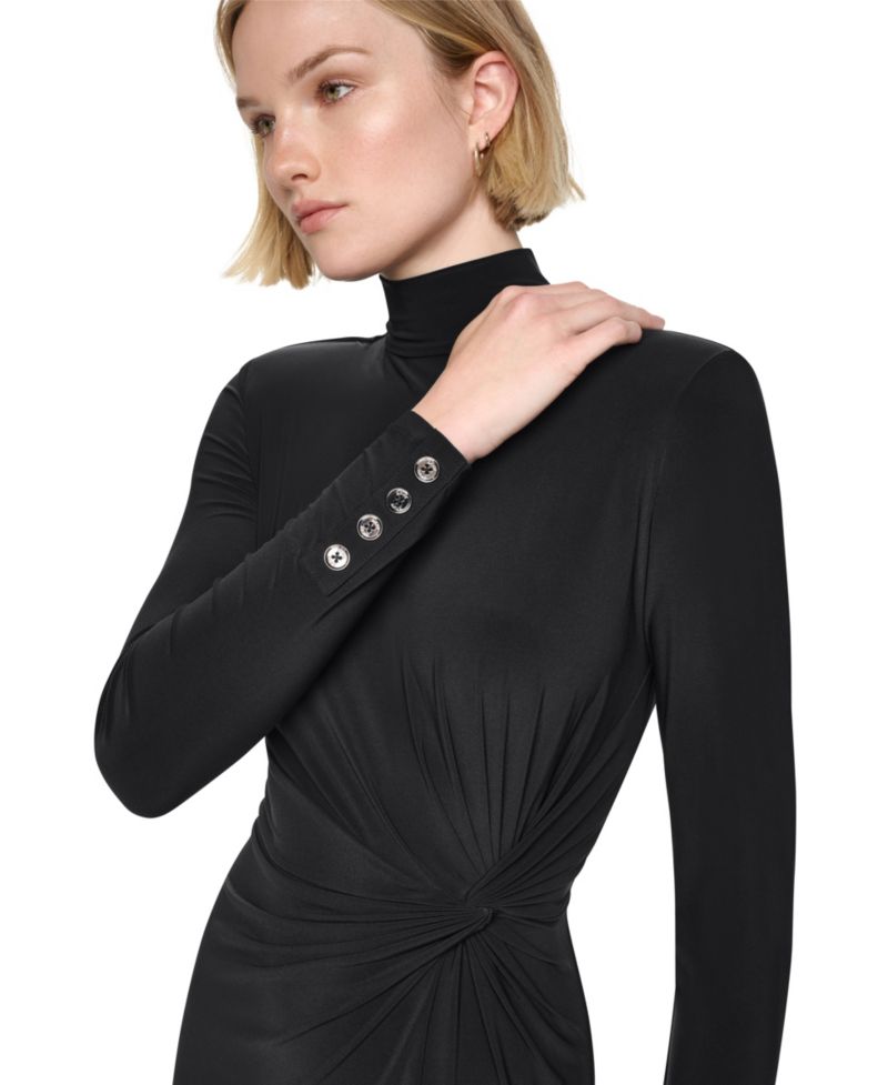 Women's Long-Sleeve Mock-Neck Knot-Front Sheath Dress