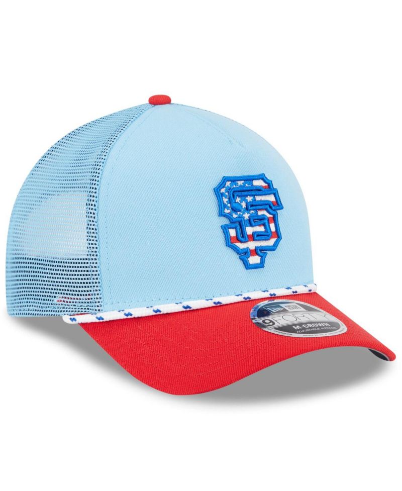 Men's Light Blue/Red San Francisco Giants 2025 Fourth of July 9FORTY A-Frame M-Crown Adjustable Trucker Hat