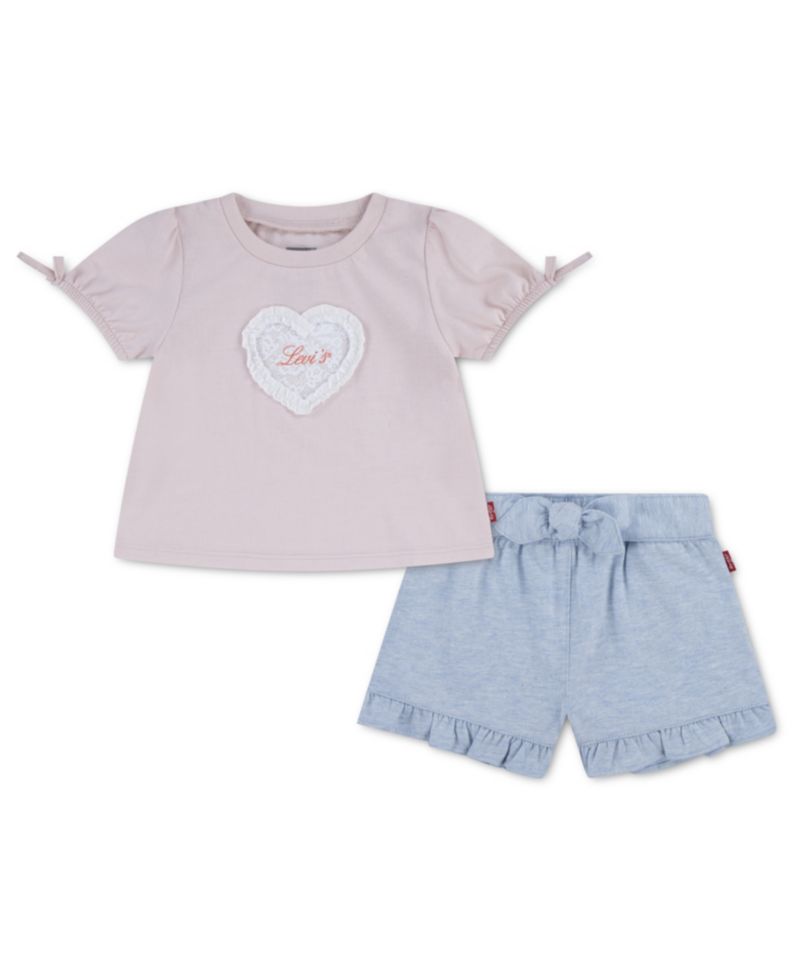 Baby Girls' Bow Sleeve T-Shirt and Belted Shorts, 2-Piece Set
