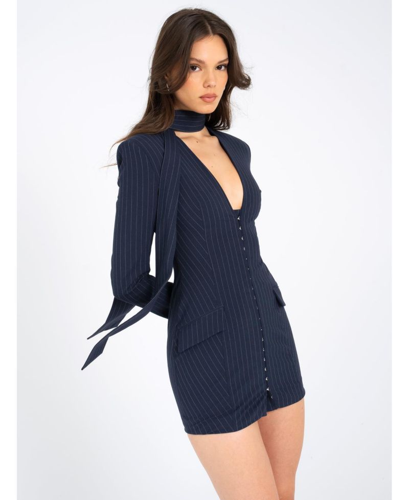 Women's Tahlia Deep V Pinstripes Navy Blue Blazer Dress with scarf collar
