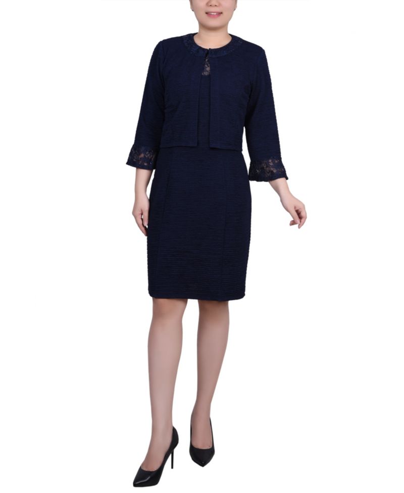 Petite Two Piece Novelty Knit and Lace Dress Set