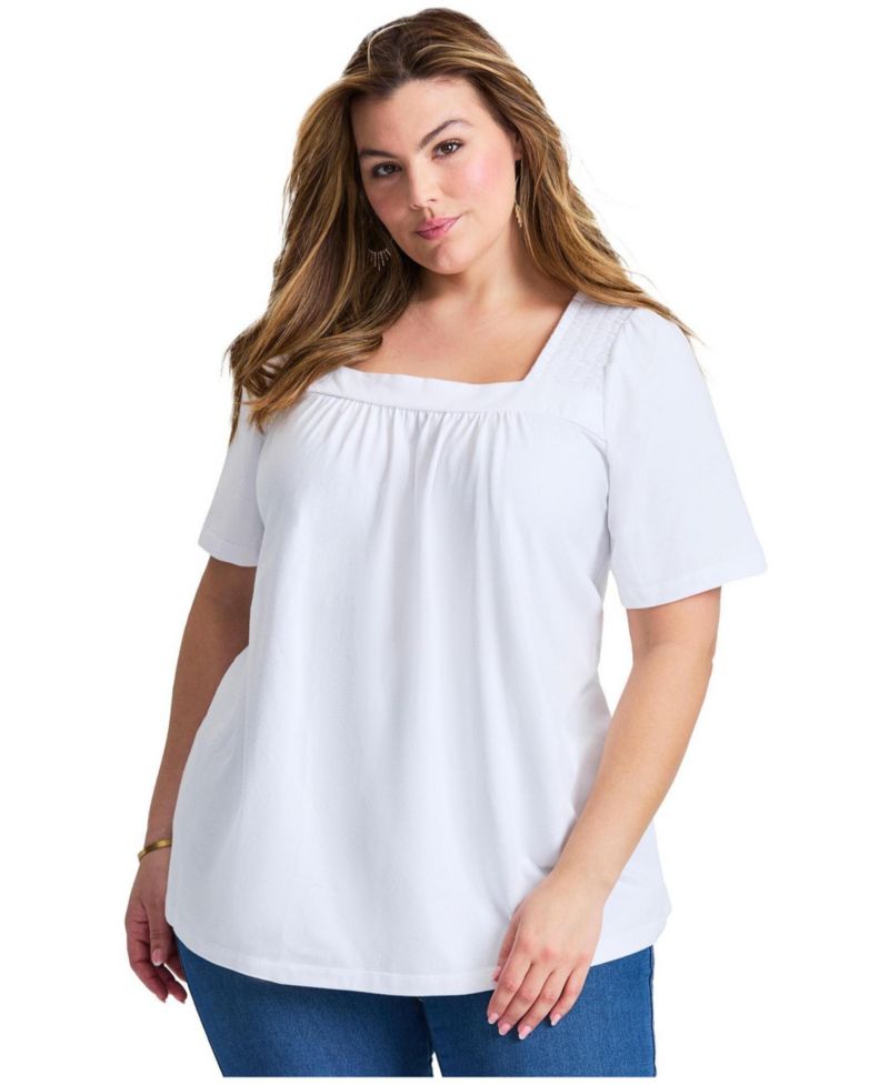 Women's Plus Size Smocked Squareneck Top