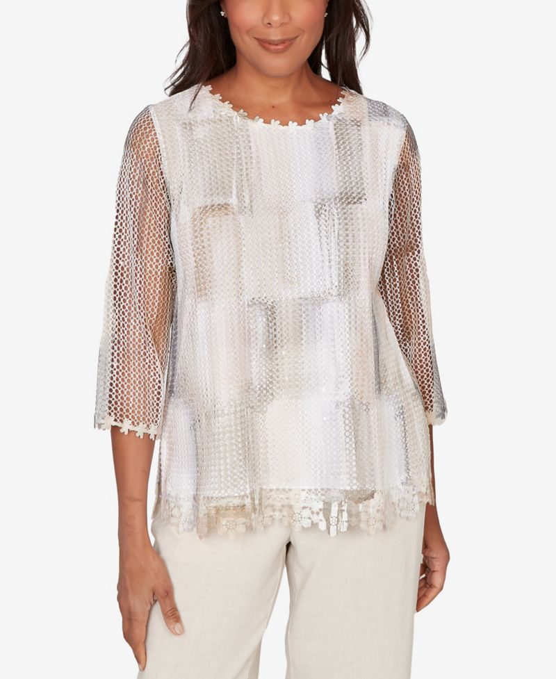 Women's Natural Wonder Neutral Brushstrokes Mesh Top