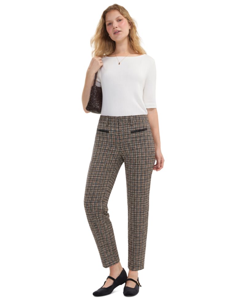 Petite Faux-Leather Trim Plaid Straight-Leg Trousers