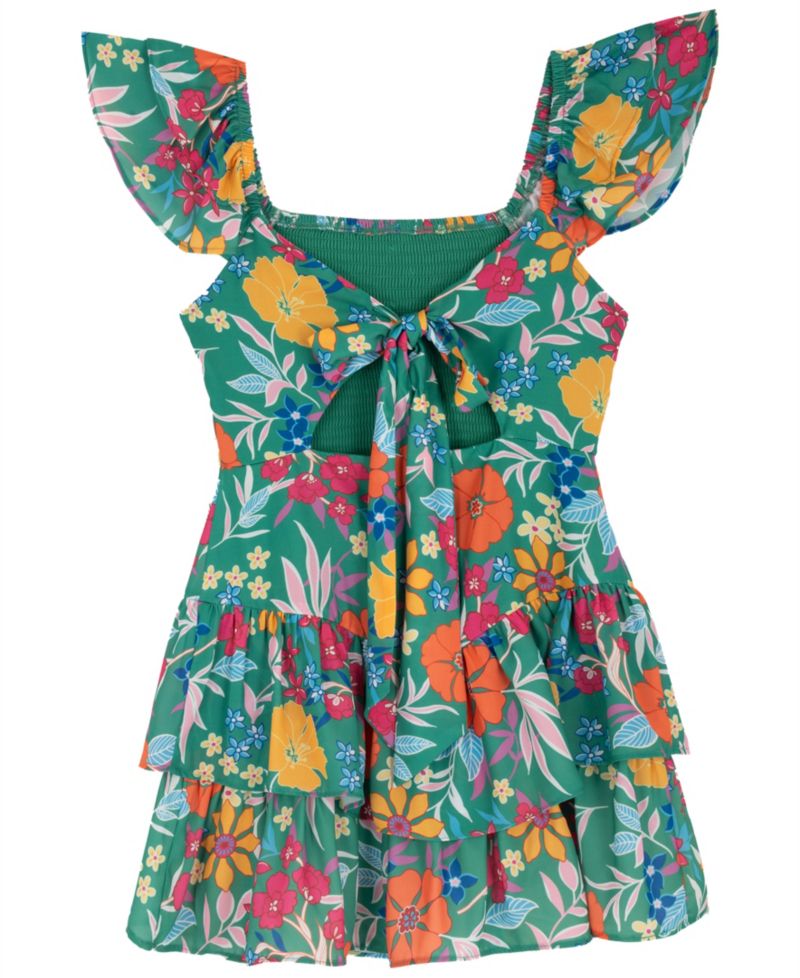 Girls' 7-16 Printed Smocked Dressy Romper