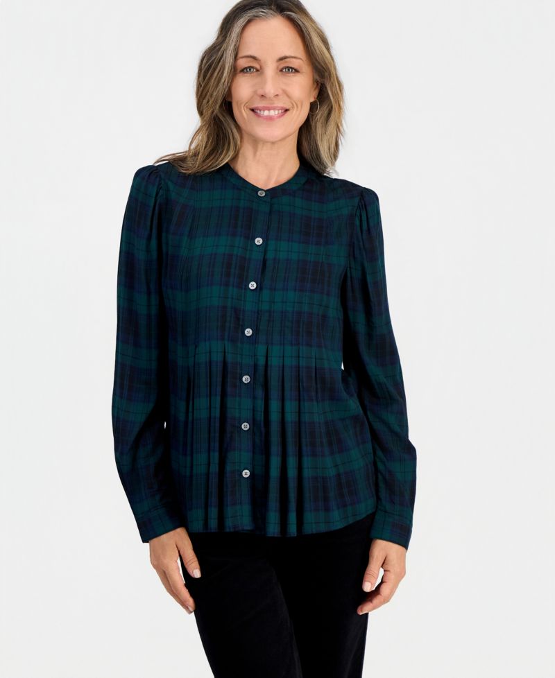 Petite Scott Plaid Button-Up Pleated Blouse