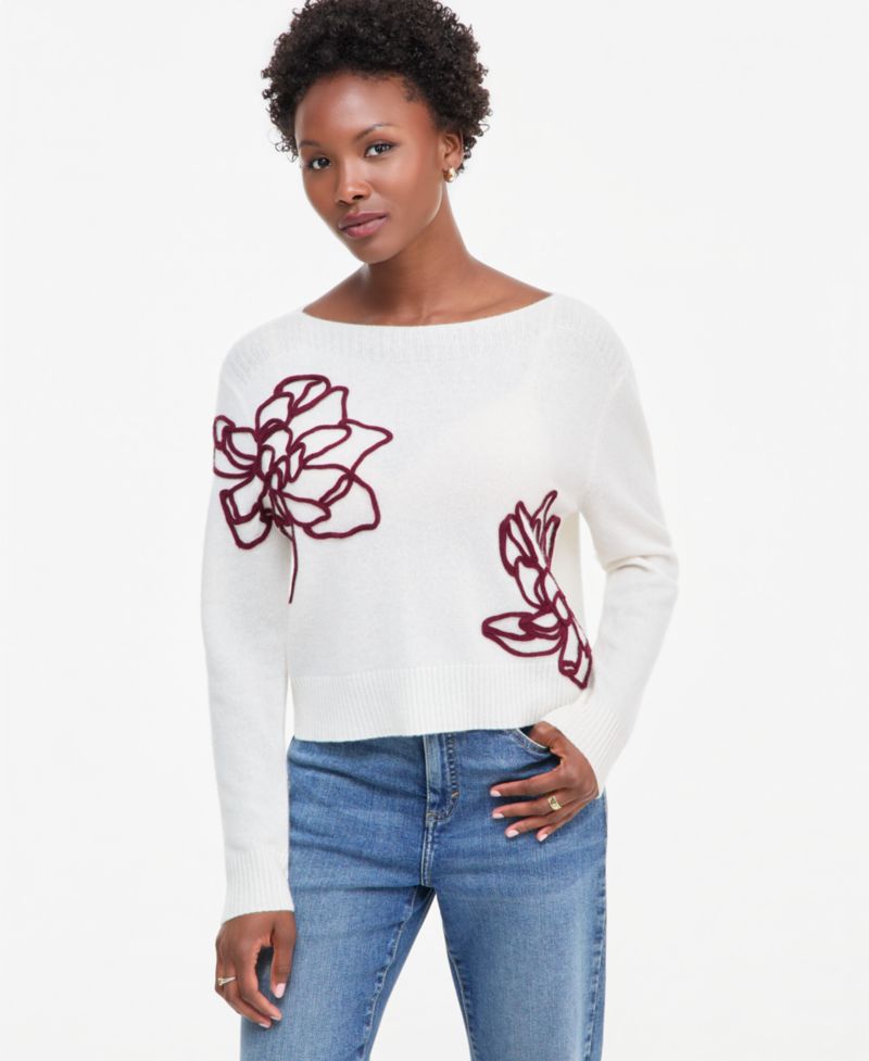 Petite Bold Floral Embroidery Cashmere Sweater
