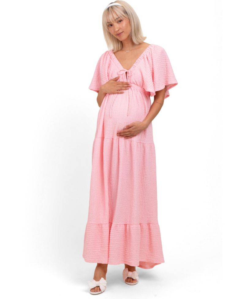 Women's Light Pink Woven Textured Flutter Sleeve V-Neck Tiered Maxi Dress