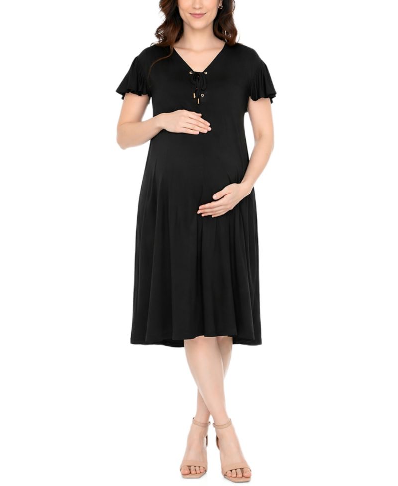 Women's Flutter-Sleeve Tie-Neck Maternity Dress