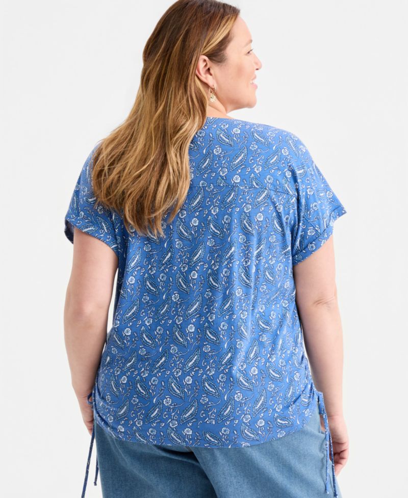 Plus Size Printed Ruched Tie-Hem V-Neck Top
