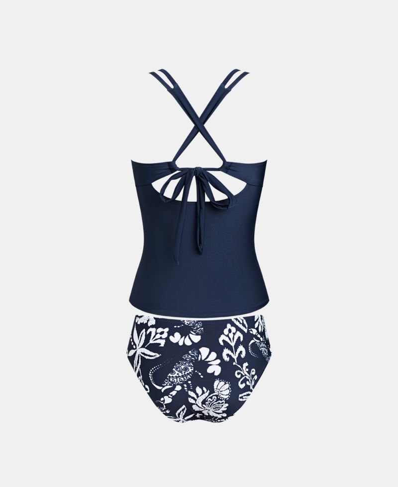 Women's Crisscross Back Cutout Ruched Double Straps Tankini Sets