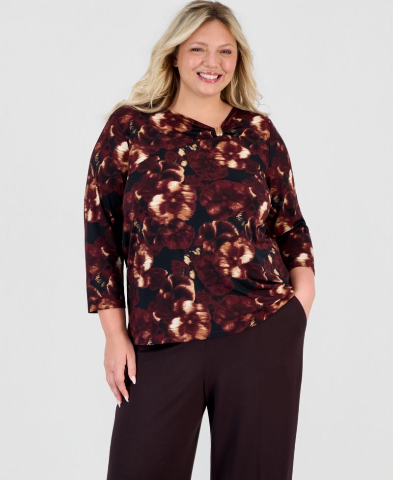 Plus Size 3/4-Sleeve Cowl Neck Asymmetric Blouse