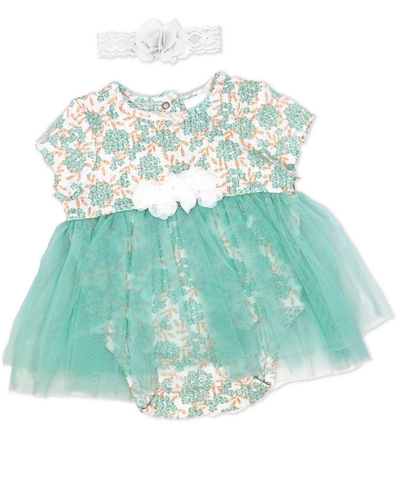 Baby Girls 2 Piece Aqua Floral Romper with Tulle Over Skirt and Matching Headband