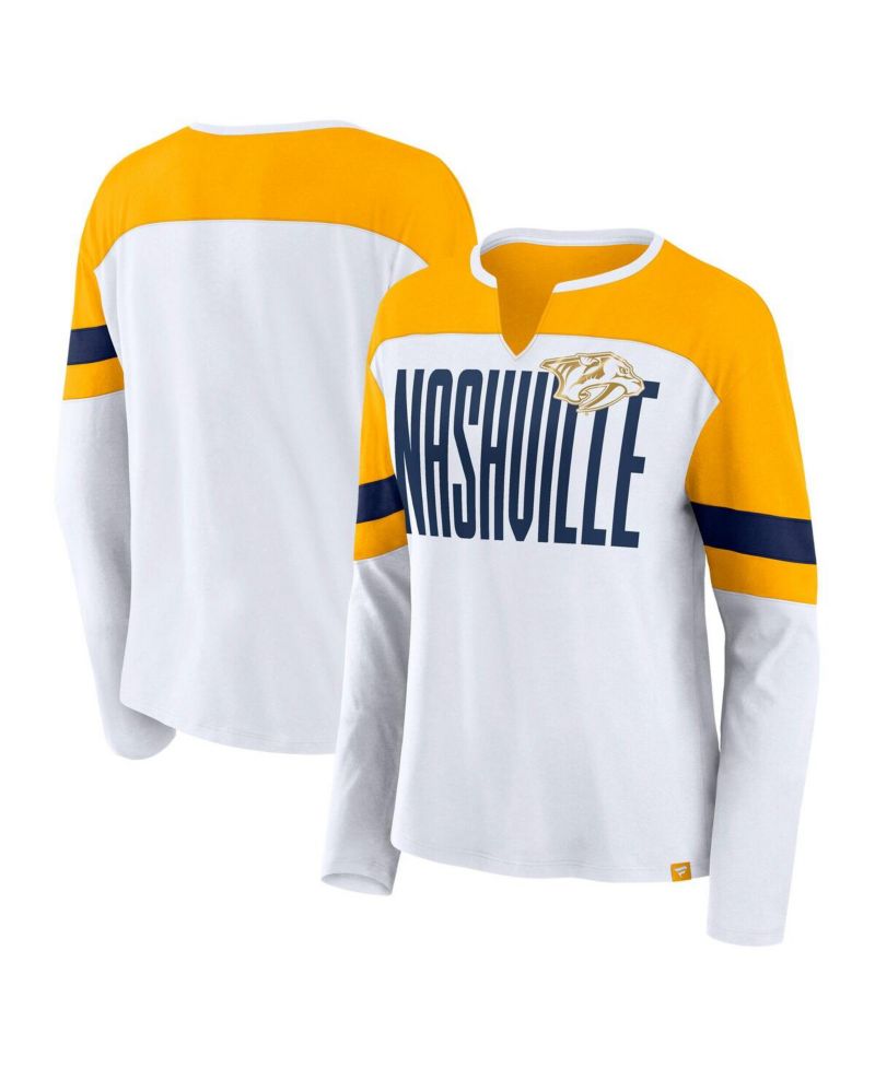 Women's White/Gold Nashville Predators Frozen Long Sleeve Notch Neck T-Shirt