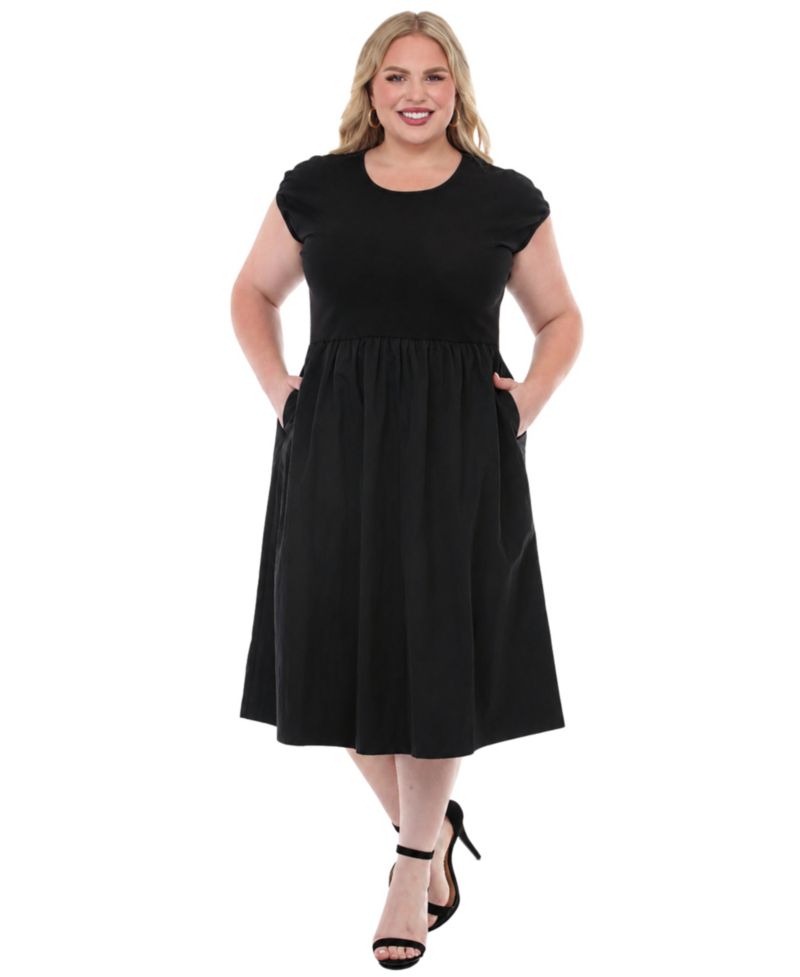 Plus Size Ultrasoft Cotton Knit to Woven Midi Dress