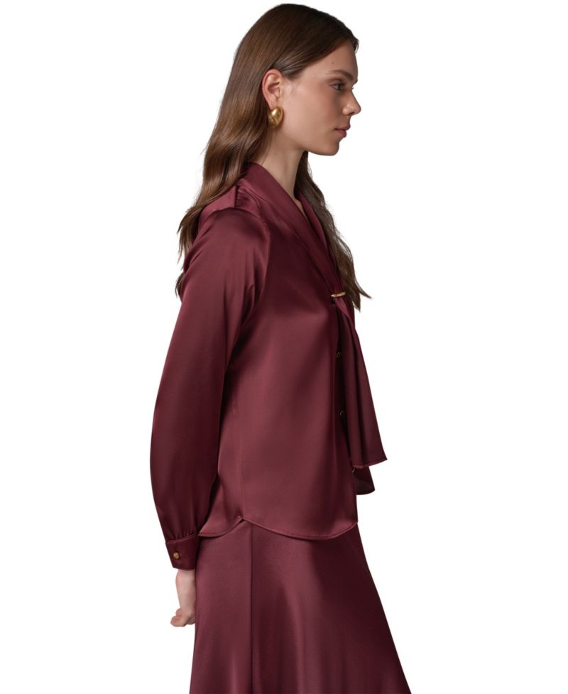 Petite Long-Sleeve V-Neck Scarf Detail Blouse