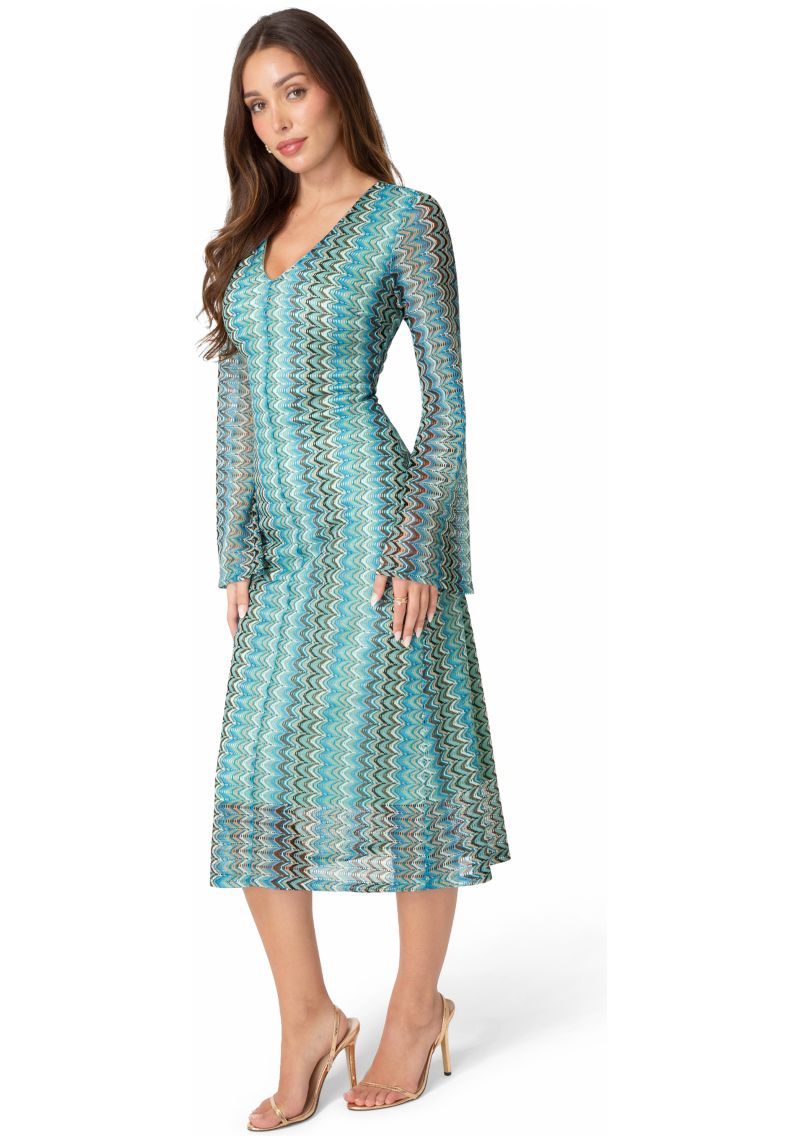 Women's Crochet Stripe Bell Sleeve Maxi Dress
