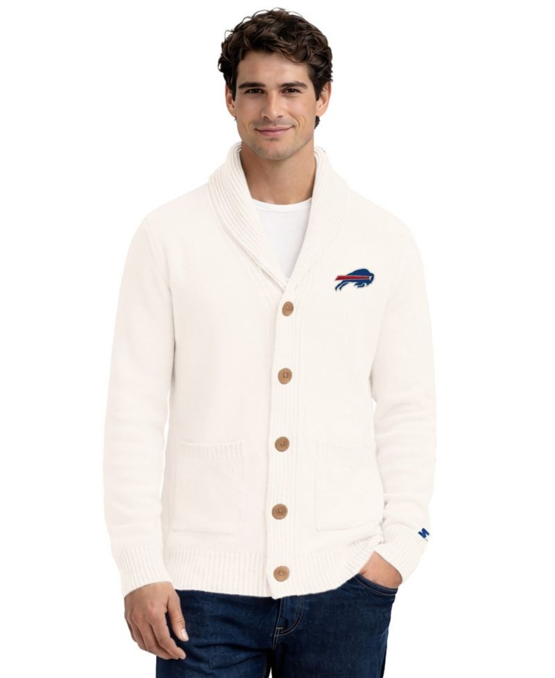 Men's Cream Buffalo Bills Shawl Collar Heavy Knit Cardigan Sweater
