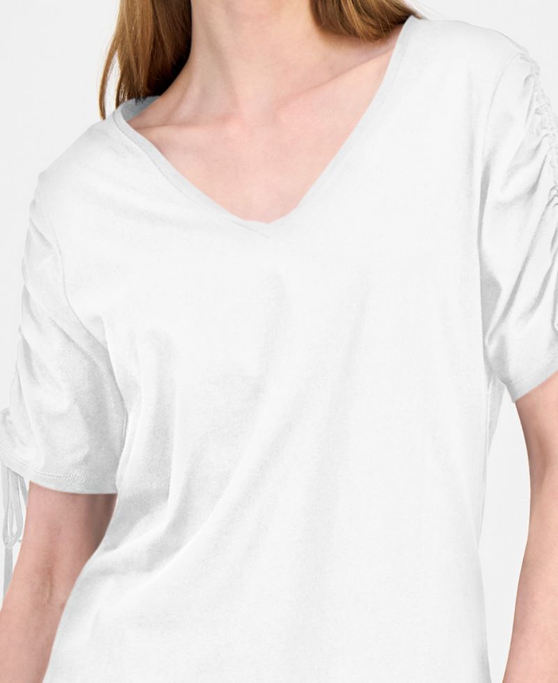 Women's Ruched-Sleeve V-Neck Cotton T-Shirt