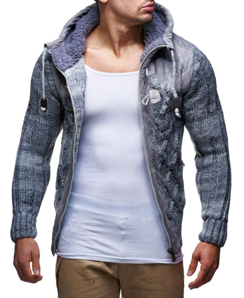 Men's Knit Zip-up Jacket With Geometric Patterns and Leather Accents