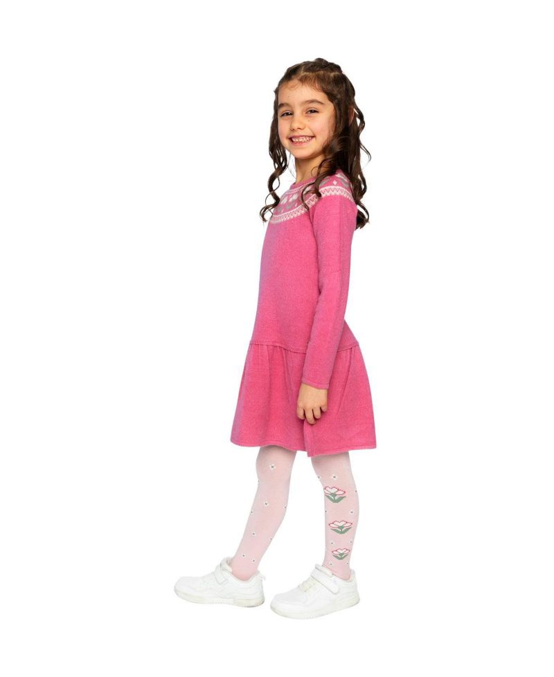 Little and Big Girl 6-12Y Knitted Dress with Flower Jacquard