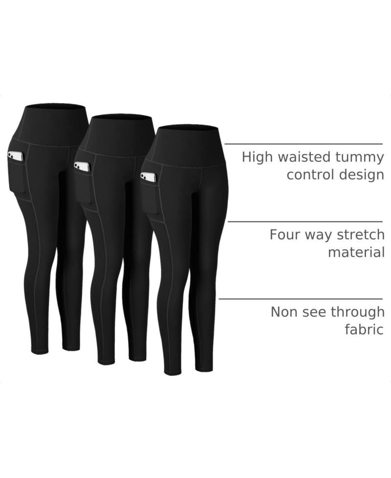 3 Packs Womens High Waisted Pocket Workout Yoga Leggings Fitness
