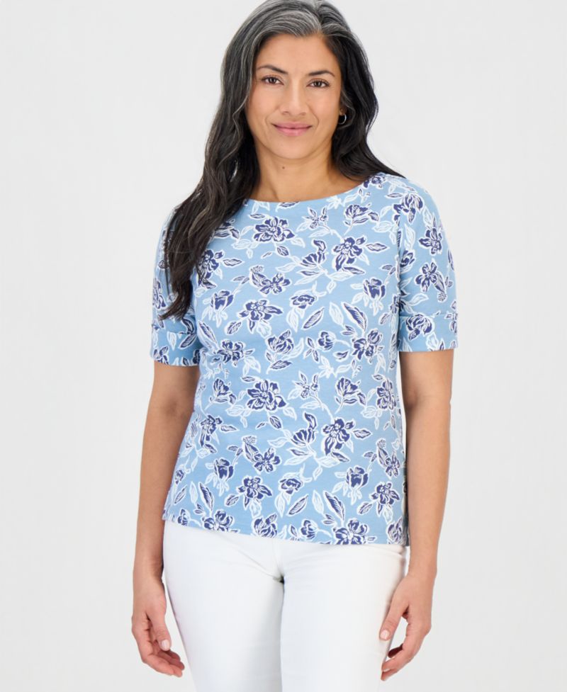 Petite Floral Knit Elbow-Sleeve Top