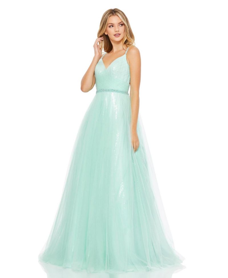 Women's V Neck Mesh Back Detail Ball Gown