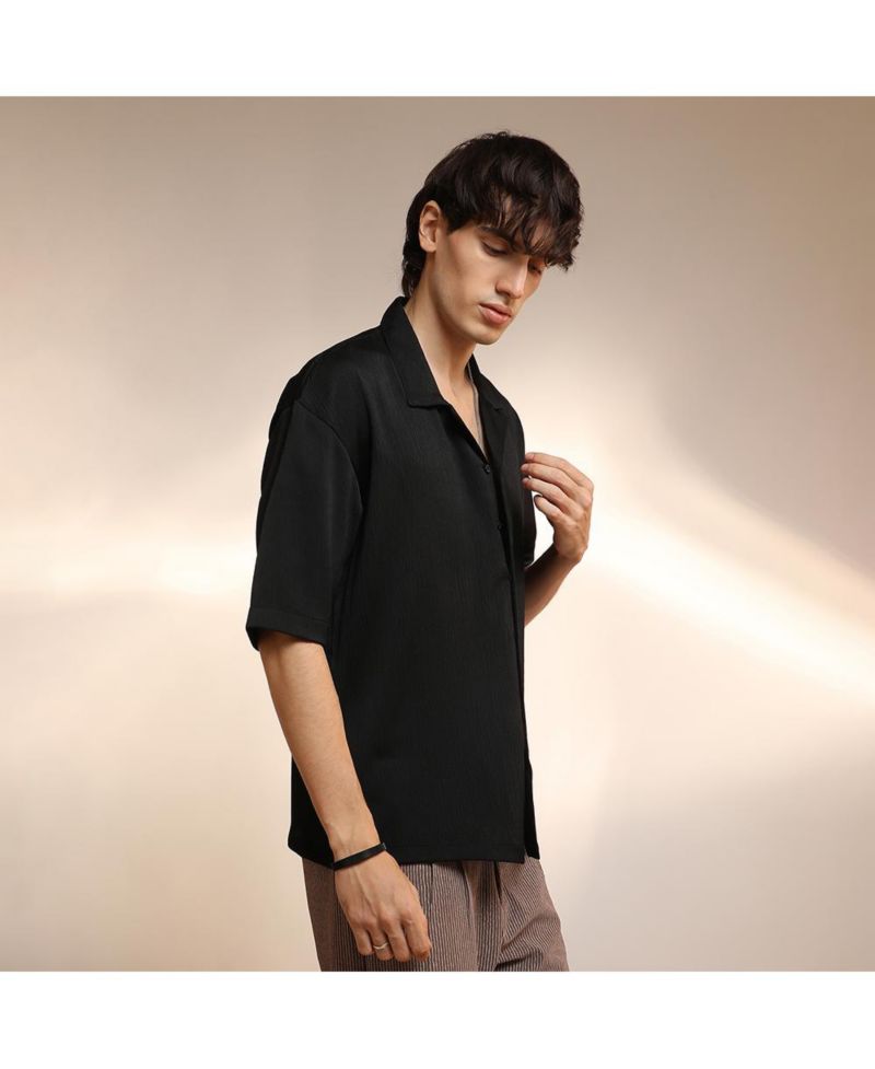 Men's Onyx Black Solid Crinkle Oversized Shirt