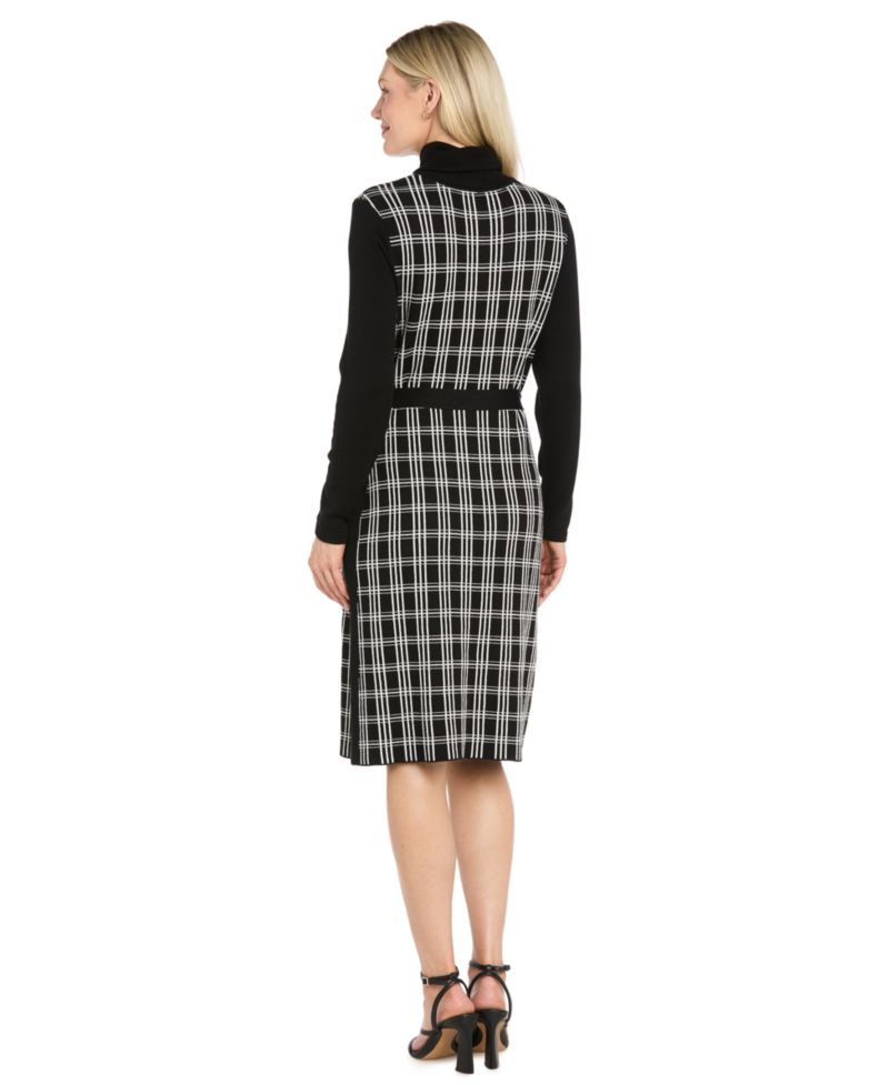 Women's Shift Windowpane Long-Sleeve Belted Turtleneck Sweater Dress