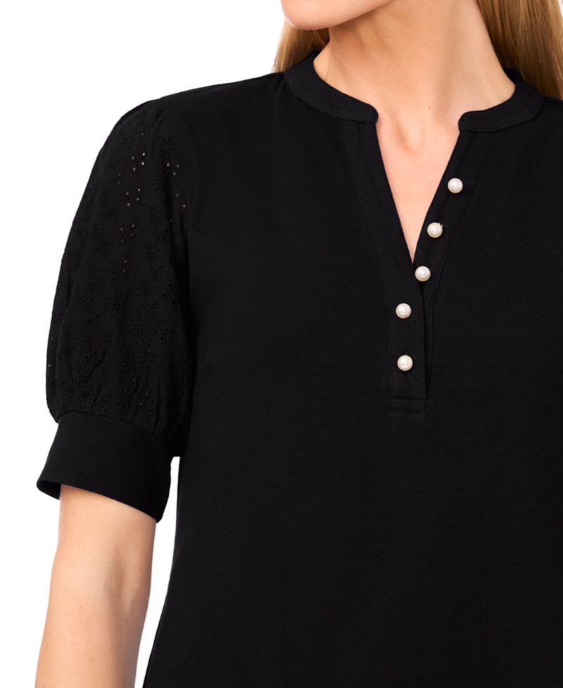 Women's Pearl Button Henley Embroidered Puff 3/4-Sleeve Cotton Top