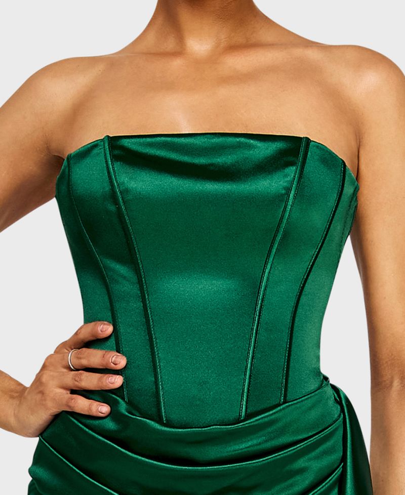 Juniors' Strapless Corseted Satin Knit Side Drape Slim Dress