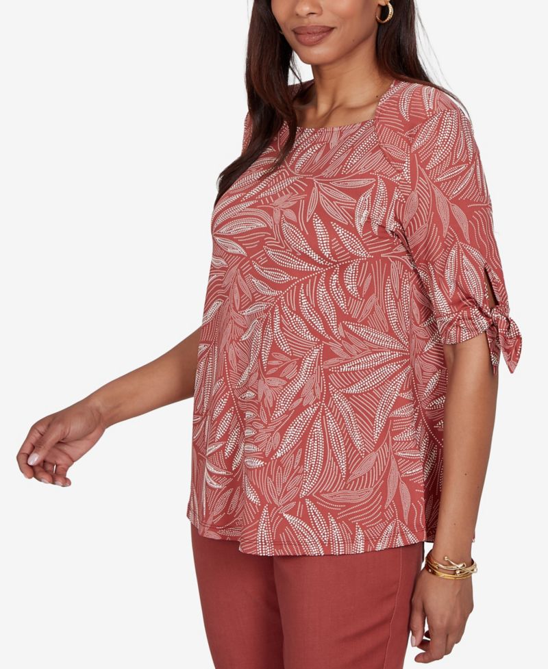 Petite Leaf Puff Print Knit Tie-Sleeve Top