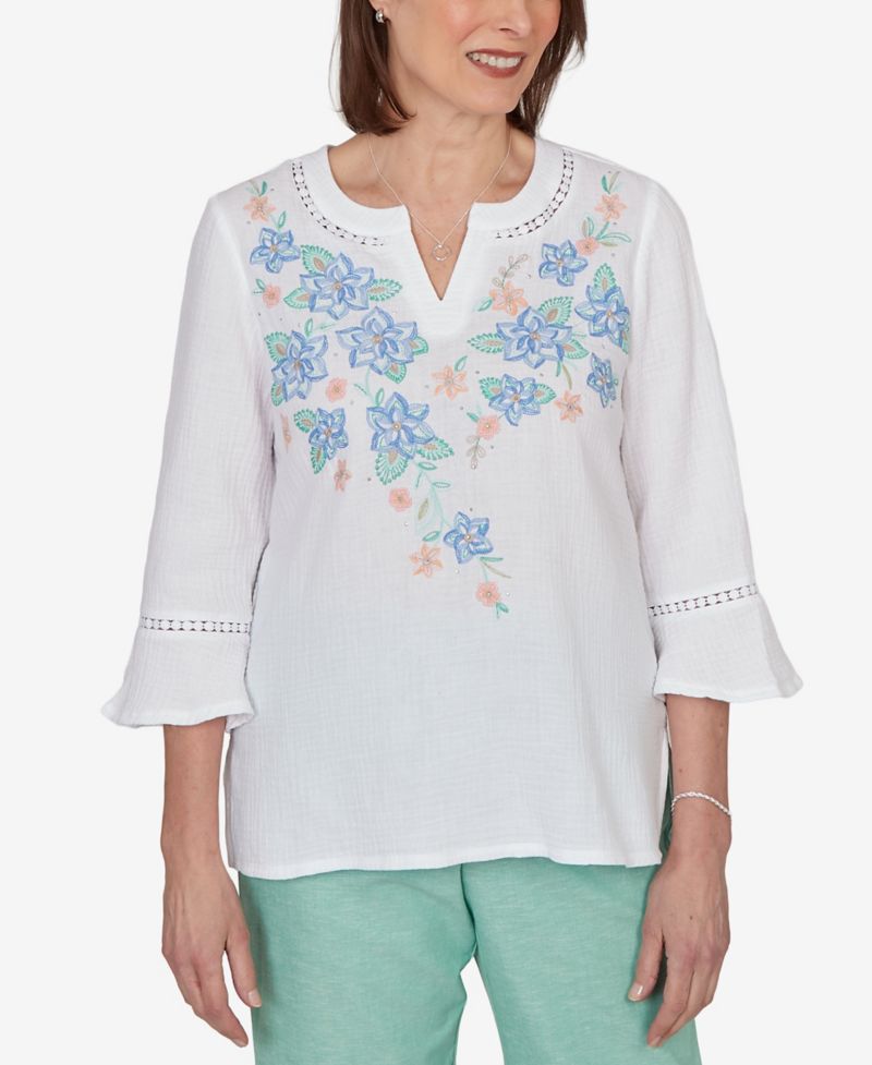 Petite Caribbean Blues Tropical Floral Split Neck Embroidered Top