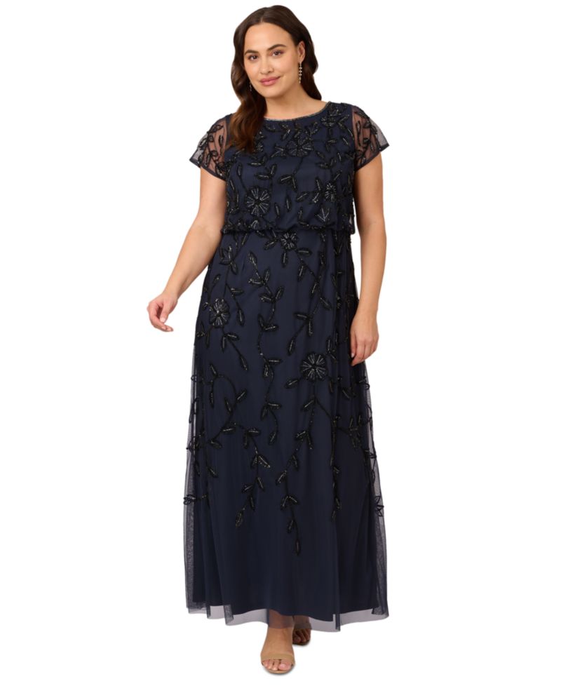 Plus Size Blouson Beaded Short-Sleeve Gown