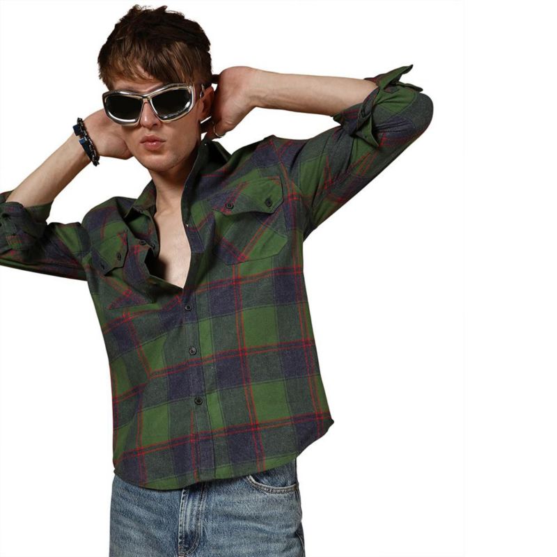 Men's Forest Green & Indigo Blue Buffalo Check Utility Shirt